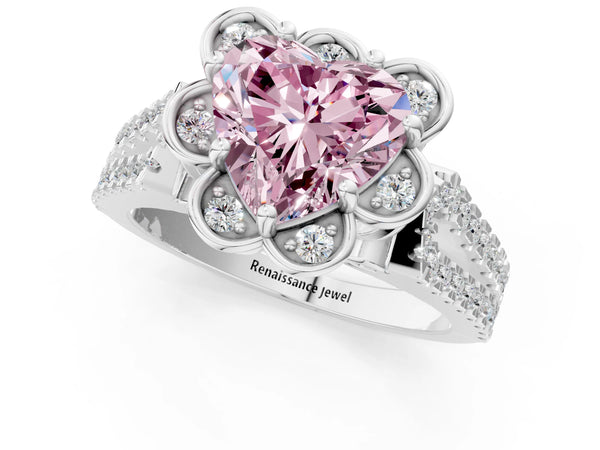 White gold Fancy Pink Heart  Halo Diamond Floral Split Shank Engagement Ring