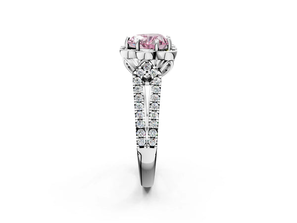 White gold Fancy Pink Heart  Halo Diamond Floral Split Shank Engagement Ring