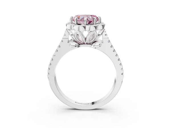White gold Fancy Pink Heart  Halo Diamond Floral Split Shank Engagement Ring