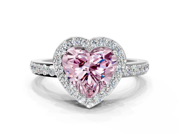 Platinum Fancy Pink Heart  Halo Diamond Pavé Band Ring with Prong Setting