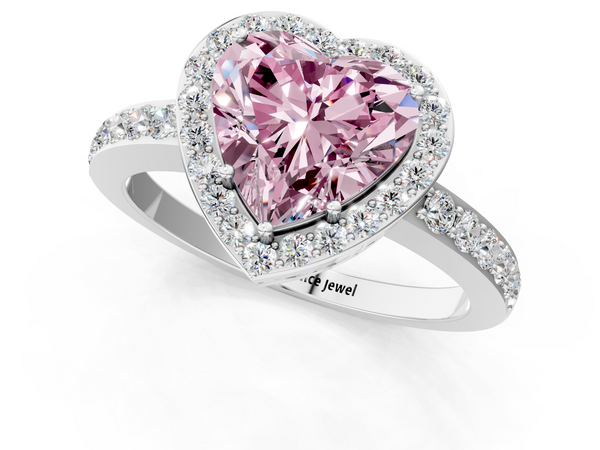 Platinum Fancy Pink Heart  Halo Diamond Pavé Band Ring with Prong Setting