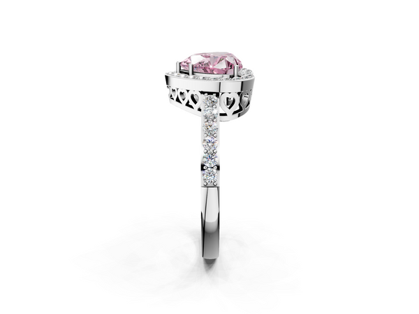 Platinum Fancy Pink Heart  Halo Diamond Pavé Band Ring with Prong Setting