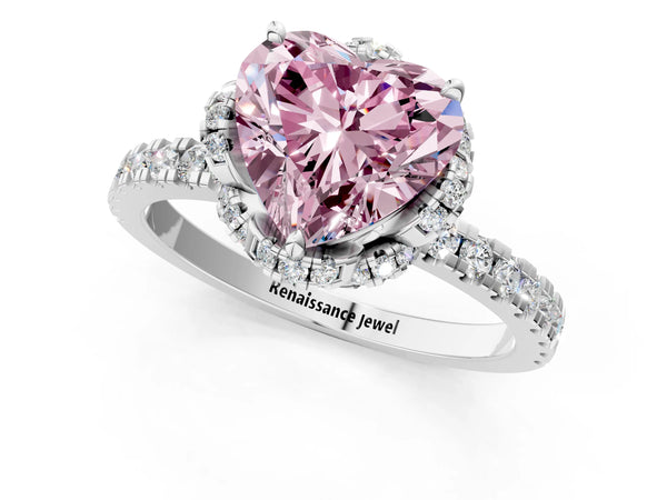 Platinum Fancy Pink Heart  Halo Diamond Pave Band Ring with Four-Prong Setting