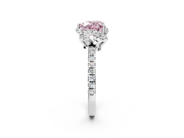 Platinum Fancy Pink Heart  Halo Diamond Pave Band Ring with Four-Prong Setting