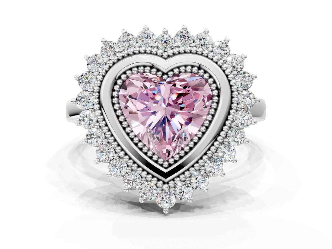 White gold Fancy Pink Heart  Halo Diamond Ring with Milgrain Edge and Round Prong Setting_38