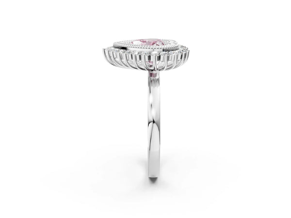 White gold Fancy Pink Heart  Halo Diamond Ring with Milgrain Edge and Round Prong Setting