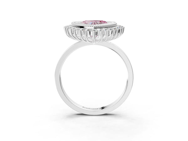 White gold Fancy Pink Heart  Halo Diamond Ring with Milgrain Edge and Round Prong Setting