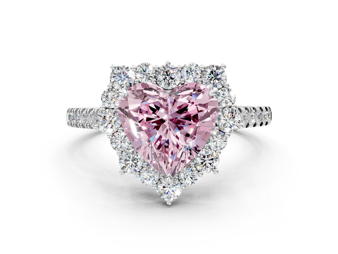 White gold Fancy Pink Heart  Halo Diamond Ring with Pavé Band and Prong Setting_20