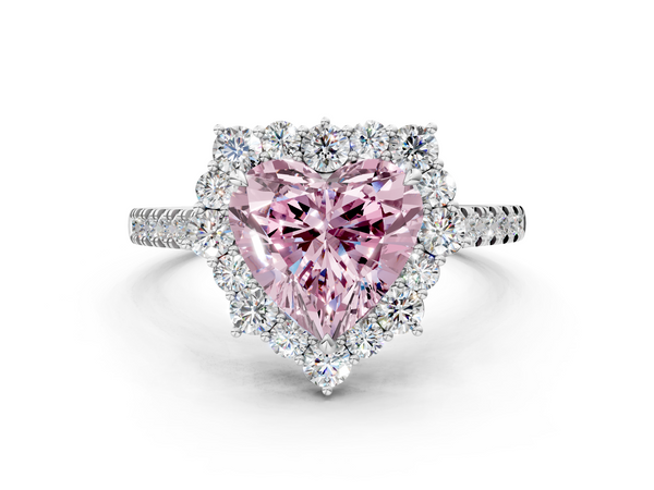 Platinum Fancy Pink Heart  Halo Diamond Ring with Pavé Band and Prong Setting