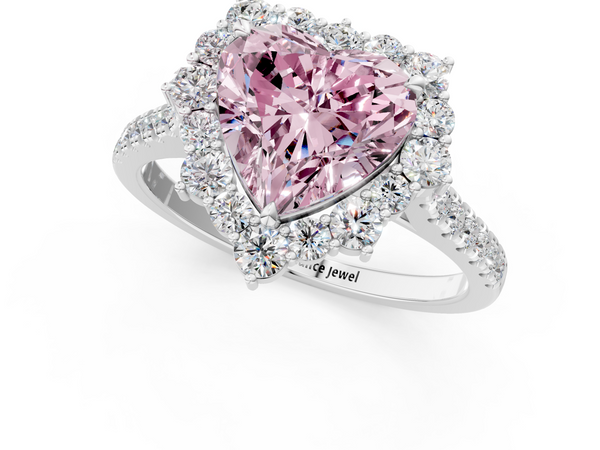 Platinum Fancy Pink Heart  Halo Diamond Ring with Pavé Band and Prong Setting