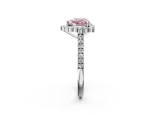 Platinum Fancy Pink Heart  Halo Diamond Ring with Pavé Band and Prong Setting