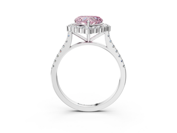 Platinum Fancy Pink Heart  Halo Diamond Ring with Pavé Band and Prong Setting