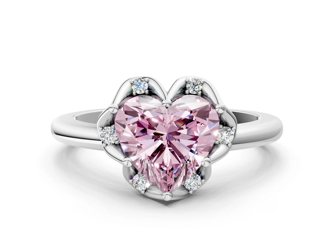 White gold Fancy Pink Heart  Halo Diamond Ring with Round Cluster Setting, Solitaire Band, and Four-Prong Setting_50