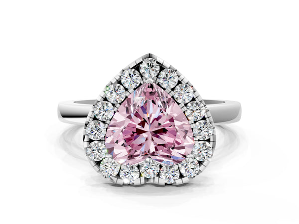 White gold Fancy Pink Heart  Halo Diamond Solitaire with Pavé Band and Four-Prong Setting