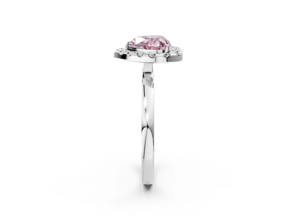 White gold Fancy Pink Heart  Halo Diamond Solitaire with Pavé Band and Four-Prong Setting