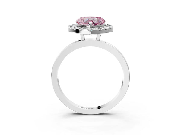White gold Fancy Pink Heart  Halo Diamond Solitaire with Pavé Band and Four-Prong Setting