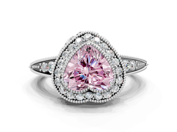 Platinum Fancy Pink Heart  Halo Diamond Split Shank Ring with Milgrain Detail