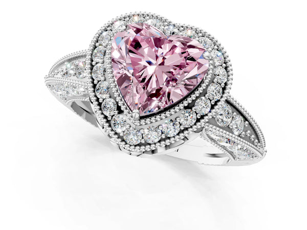 Platinum Fancy Pink Heart  Halo Diamond Split Shank Ring with Milgrain Detail