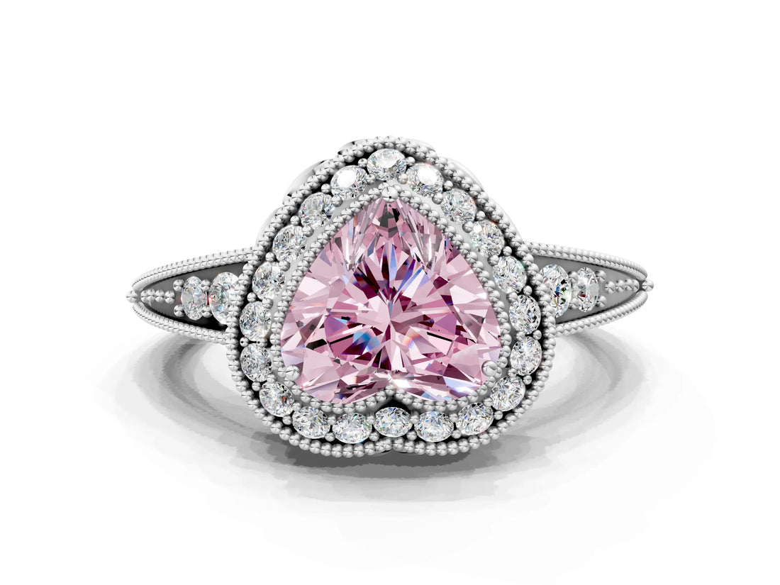 White gold Fancy Pink Heart  Halo Diamond Split Shank Ring with Milgrain Detail_49
