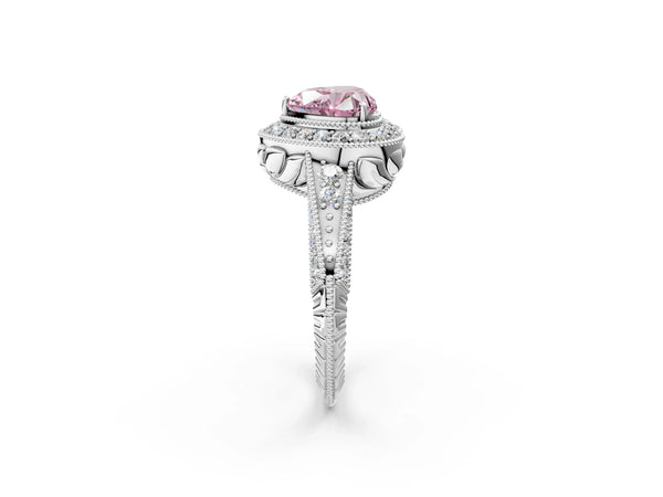 Platinum Fancy Pink Heart  Halo Diamond Split Shank Ring with Milgrain Detail