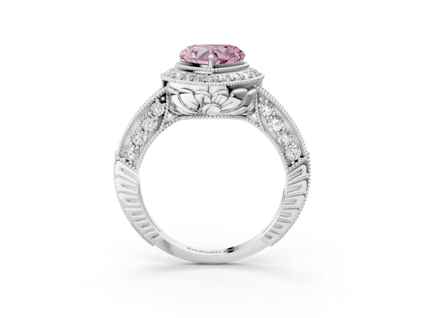 Platinum Fancy Pink Heart  Halo Diamond Split Shank Ring with Milgrain Detail