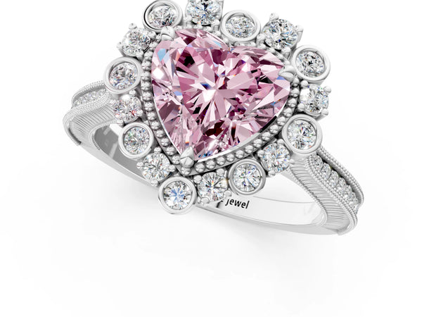 White Gold Heart-Shaped Scalloped Milgrain Halo Engagement Ring Setting for Fancy Pink Center
