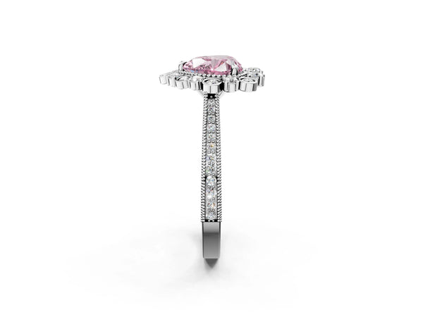 White Gold Heart-Shaped Scalloped Milgrain Halo Engagement Ring Setting for Fancy Pink Center
