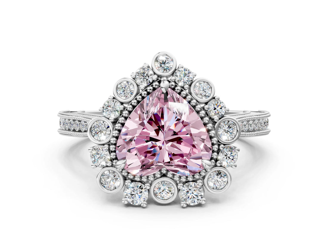 White gold Fancy Pink Heart  Halo Milgrain Pave Diamond Ring with Four-Prong Setting