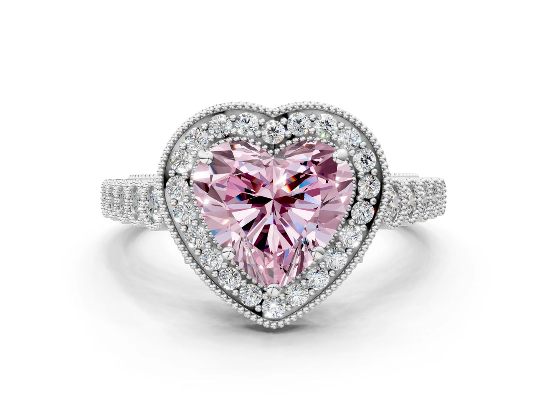 White gold Fancy Pink Heart  Halo Milgrain Solitaire with Bezel Set Side Stones and Pave Band_56