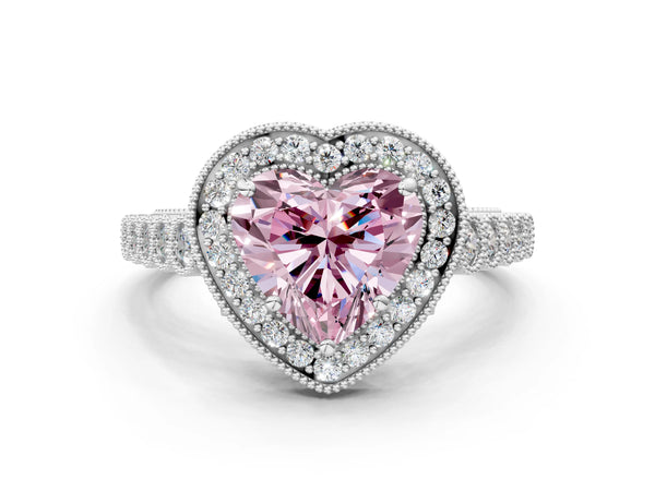 Platinum Fancy Pink Heart  Halo Milgrain Solitaire with Bezel Set Side Stones and Pave Band