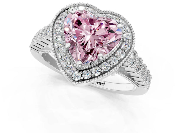 Platinum Fancy Pink Heart  Halo Milgrain Solitaire with Bezel Set Side Stones and Pave Band