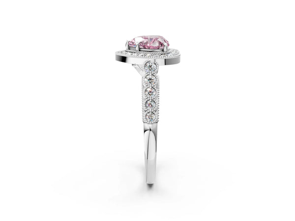 Platinum Fancy Pink Heart  Halo Milgrain Solitaire with Bezel Set Side Stones and Pave Band