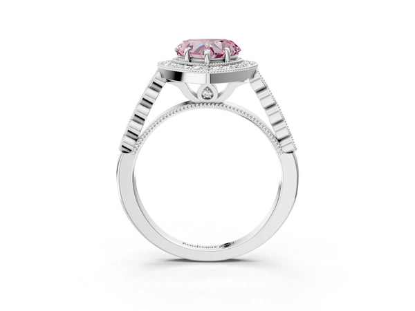 Platinum Fancy Pink Heart  Halo Milgrain Solitaire with Bezel Set Side Stones and Pave Band