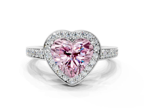 White gold Fancy Pink Heart  Halo Pavé Diamond Engagement Ring with Bezel Setting