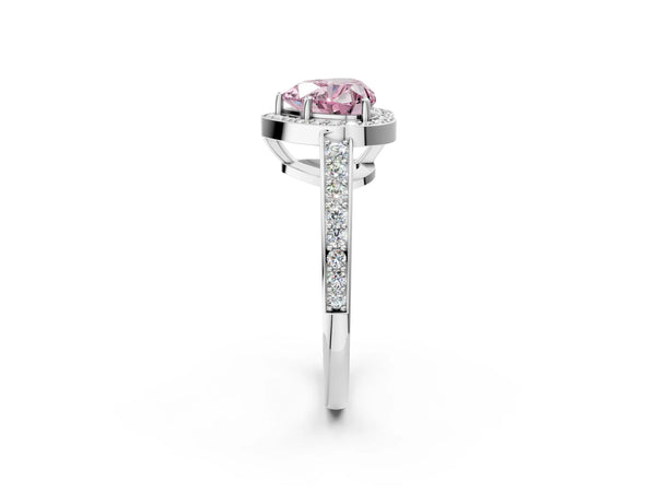 White gold Fancy Pink Heart  Halo Pavé Diamond Engagement Ring with Bezel Setting
