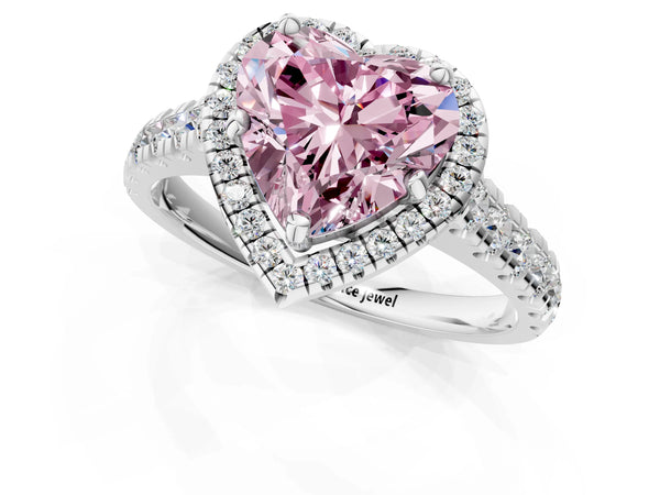 White gold Fancy Pink Heart  Halo Pavé Diamond Engagement Ring with Four-Prong Setting