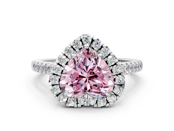 White gold Fancy Pink Heart  Halo Pavé Diamond Engagement Ring with Four-Prong Setting