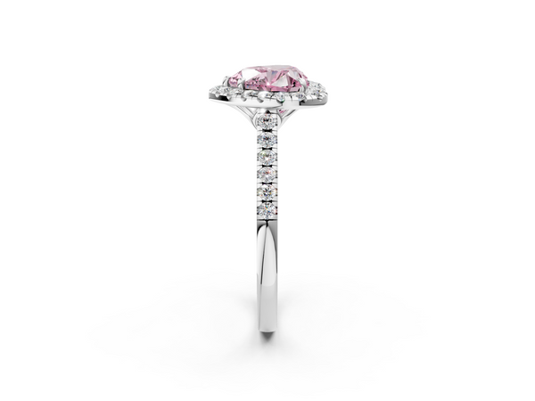 White gold Fancy Pink Heart  Halo Pavé Diamond Engagement Ring with Four-Prong Setting
