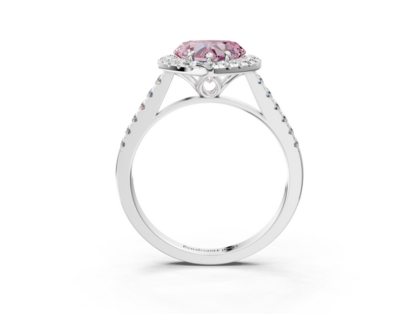 White gold Fancy Pink Heart  Halo Pavé Diamond Engagement Ring with Four-Prong Setting