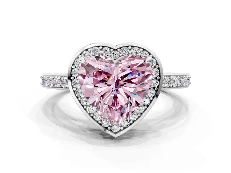 White gold Fancy Pink Heart  Halo Pave Band Solitaire Ring with Prong Setting