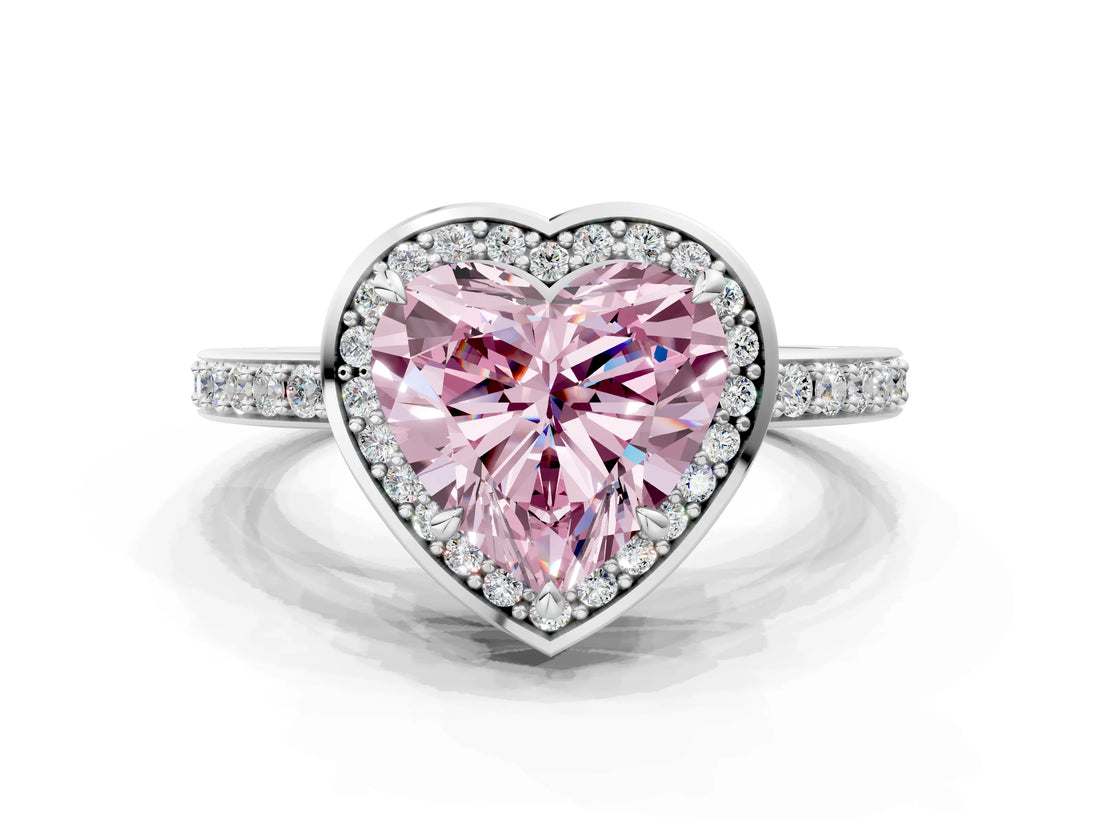 White gold Fancy Pink Heart  Halo Pave Band Solitaire Ring with Prong Setting_66