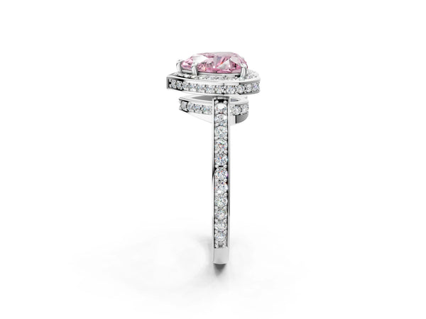 White gold Fancy Pink Heart  Halo Pave Band Solitaire Ring with Prong Setting