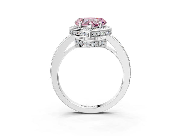 White gold Fancy Pink Heart  Halo Pave Band Solitaire Ring with Prong Setting