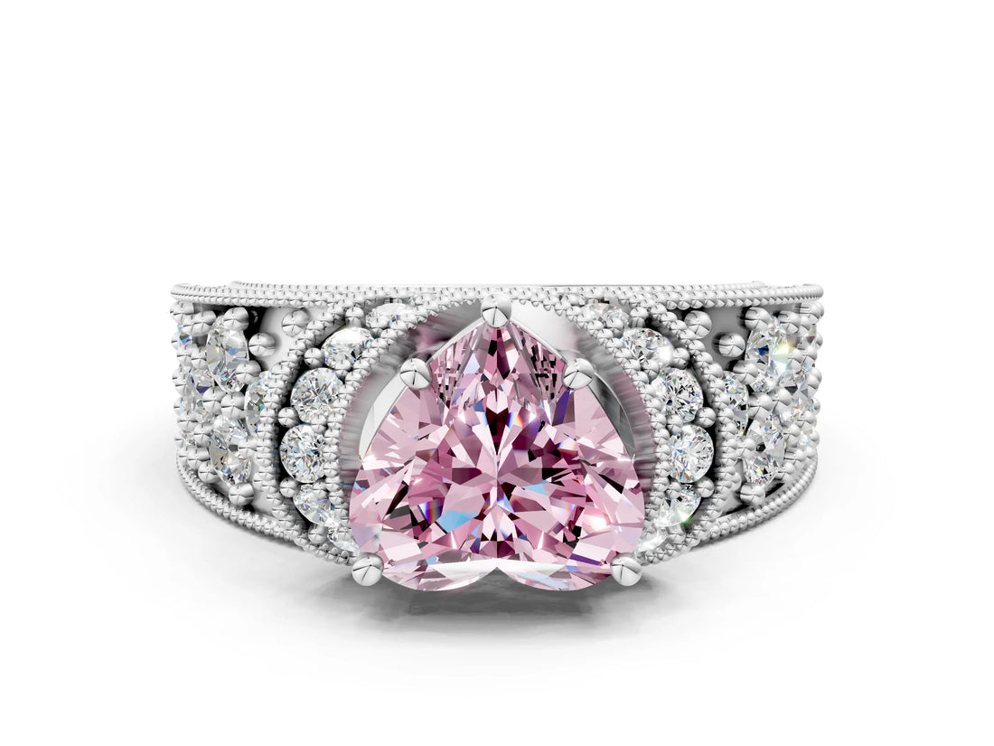 White gold Fancy Pink Heart  Halo Pave Diamond Engagement Ring with Milgrain Detailing_49