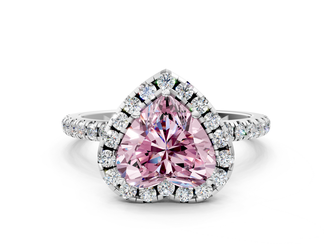 White gold Fancy Pink Heart  Halo Round Diamond Pavé Band Four-Prong Ring_3