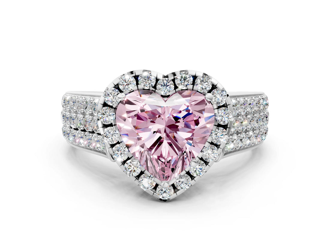 White gold Fancy Pink Heart  Halo Round Diamond Pave Band with Prong Setting_12