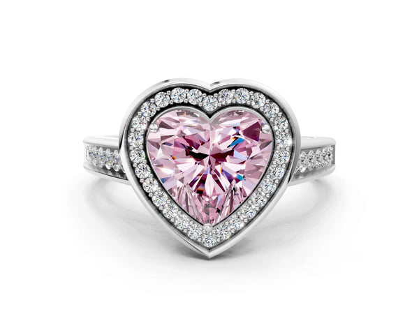 Platinum Fancy Pink Heart  Halo Solitaire Diamond Ring with Pave Band and Bezel Setting