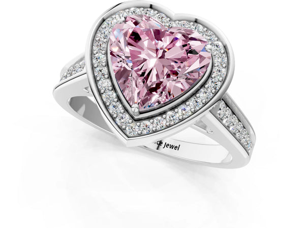 Platinum Fancy Pink Heart  Halo Solitaire Diamond Ring with Pave Band and Bezel Setting