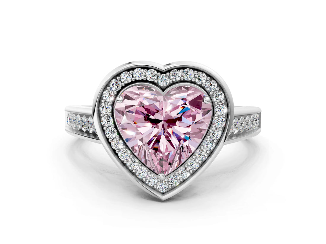 White gold Fancy Pink Heart  Halo Solitaire Diamond Ring with Pave Band and Bezel Setting_50