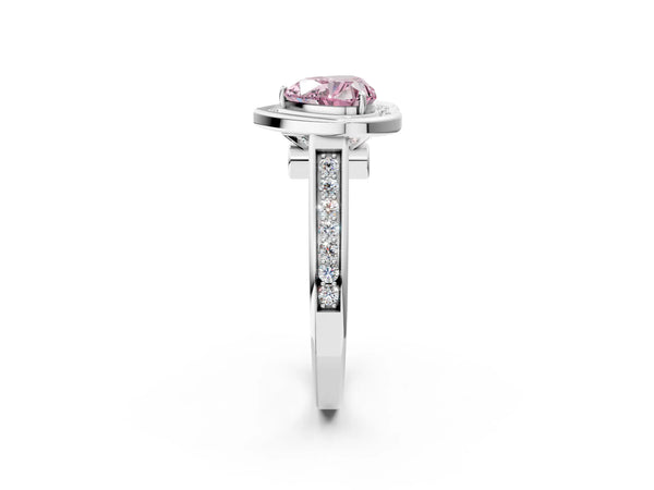 Platinum Fancy Pink Heart  Halo Solitaire Diamond Ring with Pave Band and Bezel Setting